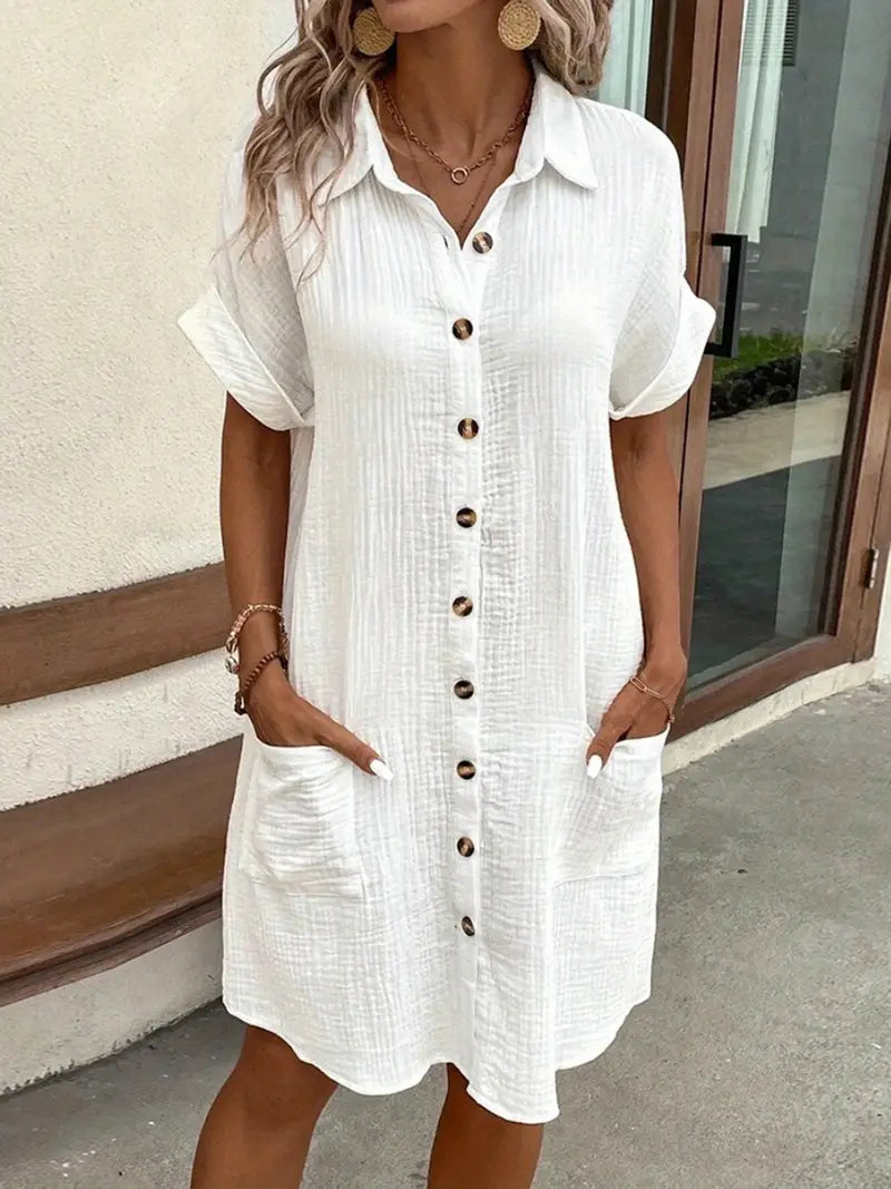 Women's Solid Color Shirt Dress Short Sleeve, Mid Length, Button Down Loose Fit