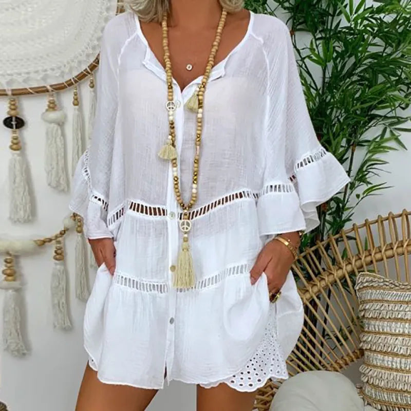 Women's V Neck Cotton Short Sleeve Top Casual Loose Fit Blouse