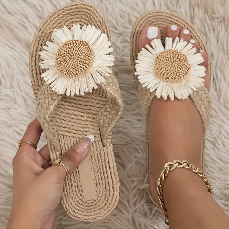 Women's Linen Flower Flat Sandals Casual Summer Slip On Shoes