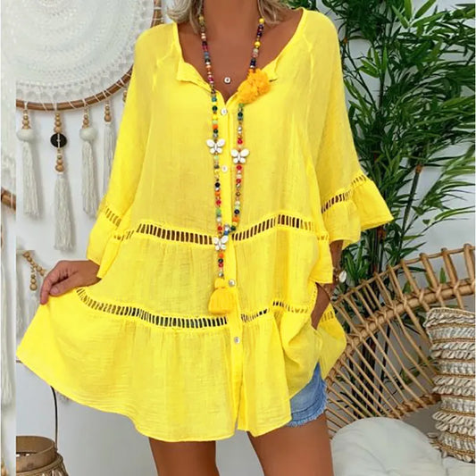 Women's V Neck Cotton Short Sleeve Top Casual Loose Fit Blouse