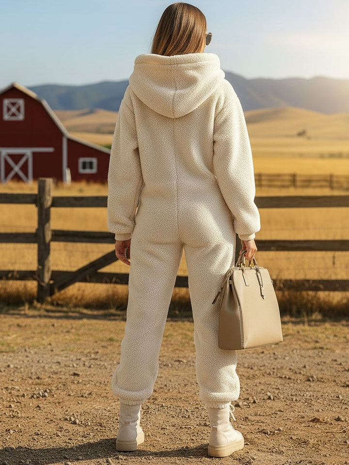 Casual Loose Vintage Polar Fleece Pocket Zipper Hooded Jumpsuit