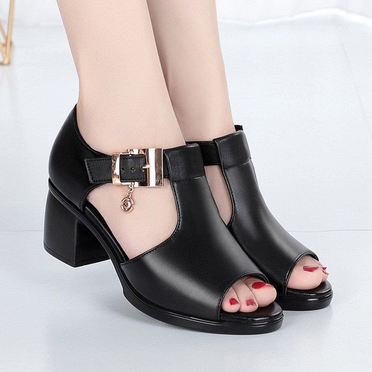 Women's Block Heel Peep Toe Sandals with Ankle Buckle Strap