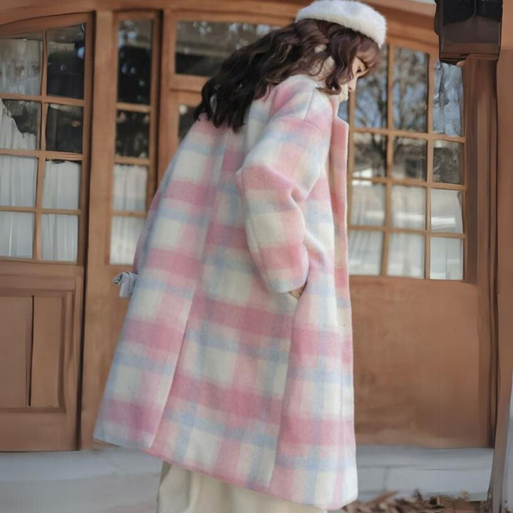 Rocio | Women's wool blend coat with pastel checks and double-breasted buttons