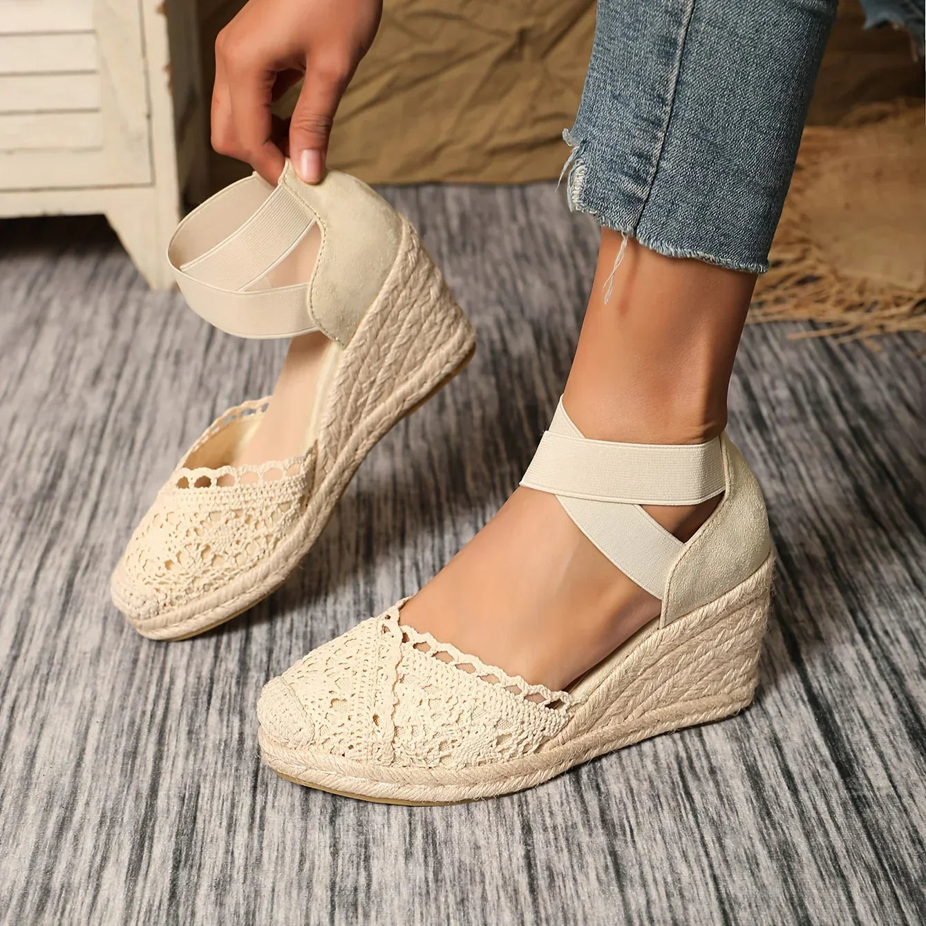 Women's Wedge Espadrille Sandals with Crochet Detail and Straps