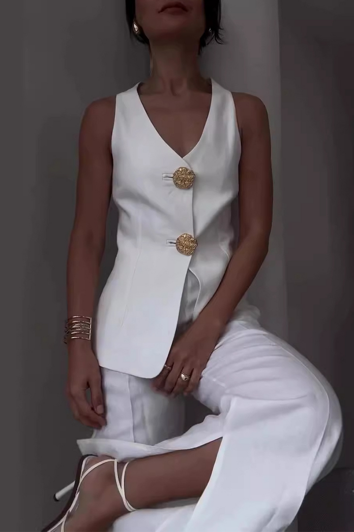 ARIANWEN – ELEGANT SOLID COLOR PATCHWORK V-NECK TWO-PIECE SET