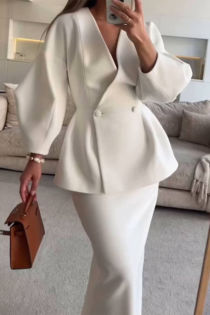 CALINA – ELEGANT BUTTONS V-NECK LONG SLEEVE TWO-PIECE SET