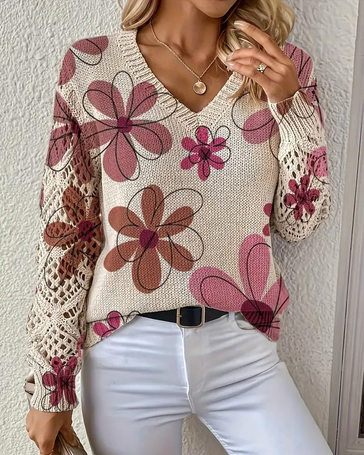 V-Neck Sweater with Openwork Pattern