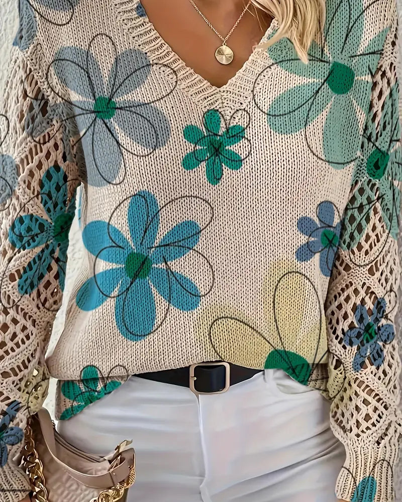 V-Neck Sweater with Openwork Pattern