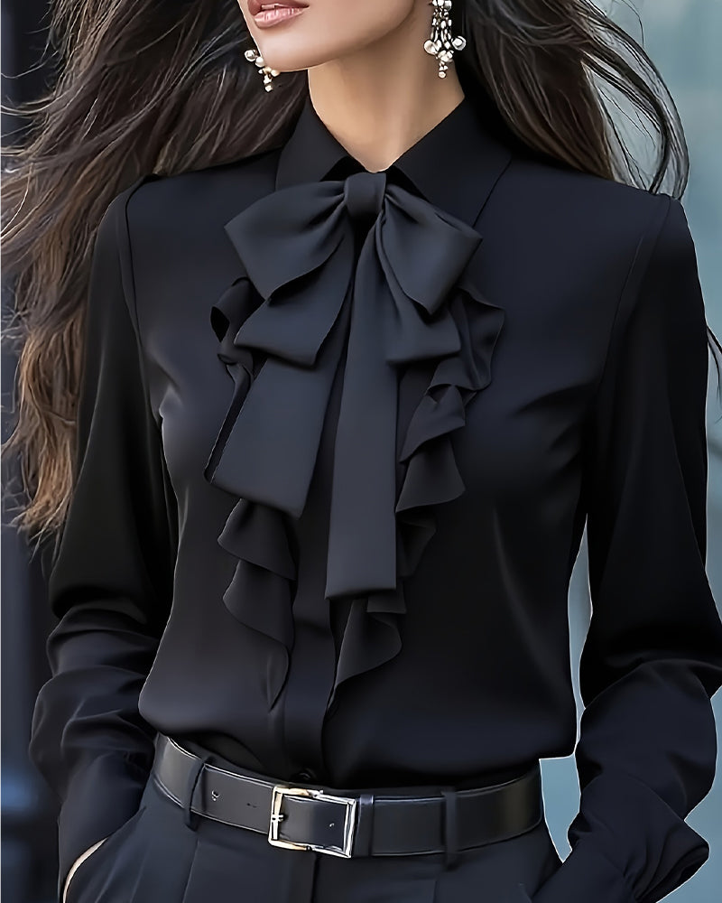 Long Sleeve Blouse with Knot and Ruffles