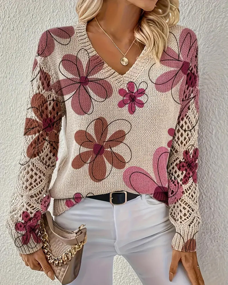 V-Neck Sweater with Openwork Pattern