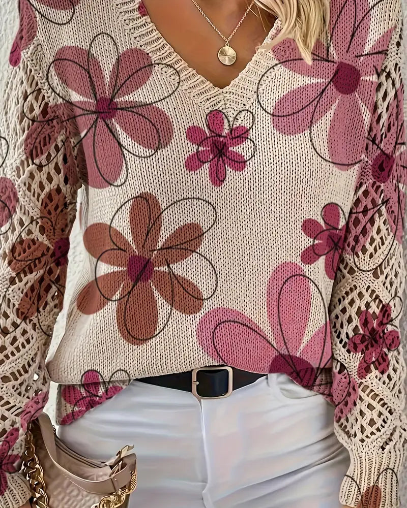 V-Neck Sweater with Openwork Pattern