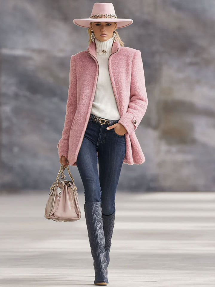 Casual Vintage Pink Polar Fleece Zip-Up Jacket Coat