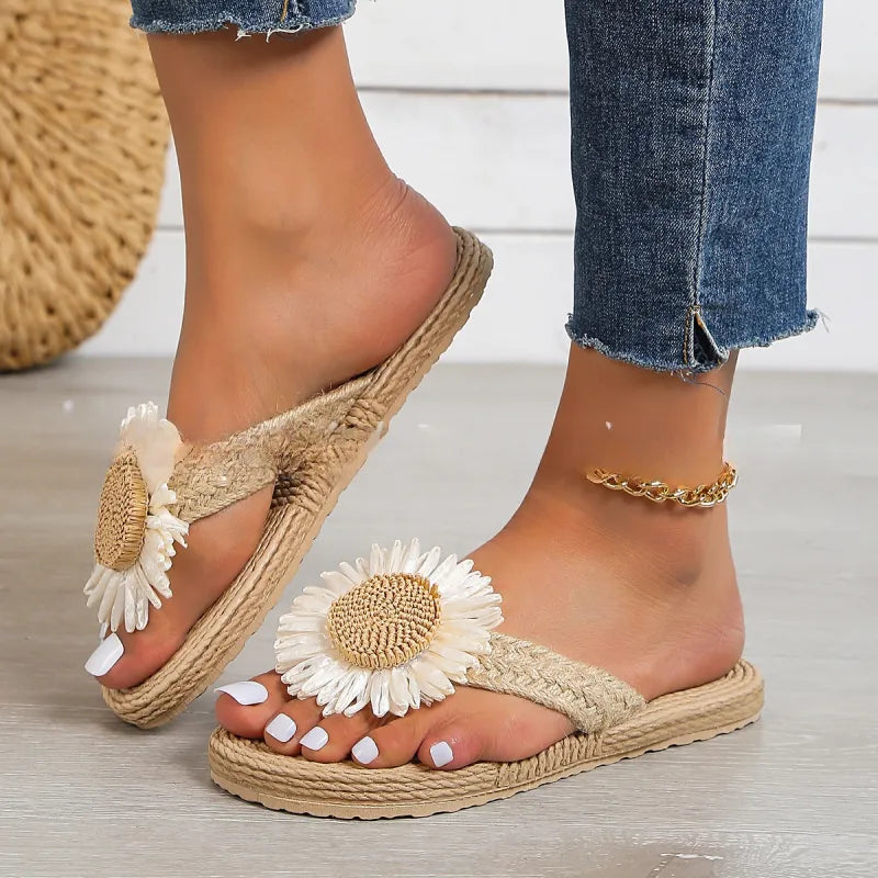 Women's Linen Flower Flat Sandals Casual Summer Slip On Shoes