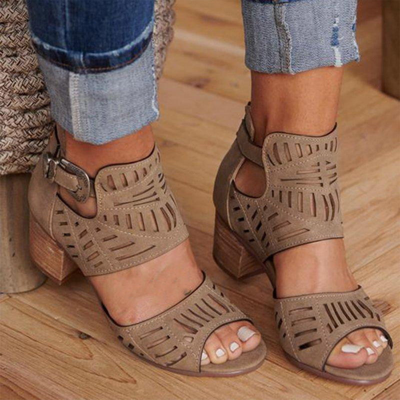 Women's Cut-Out Block Heel Sandals with Ankle Strap and Peep Toe