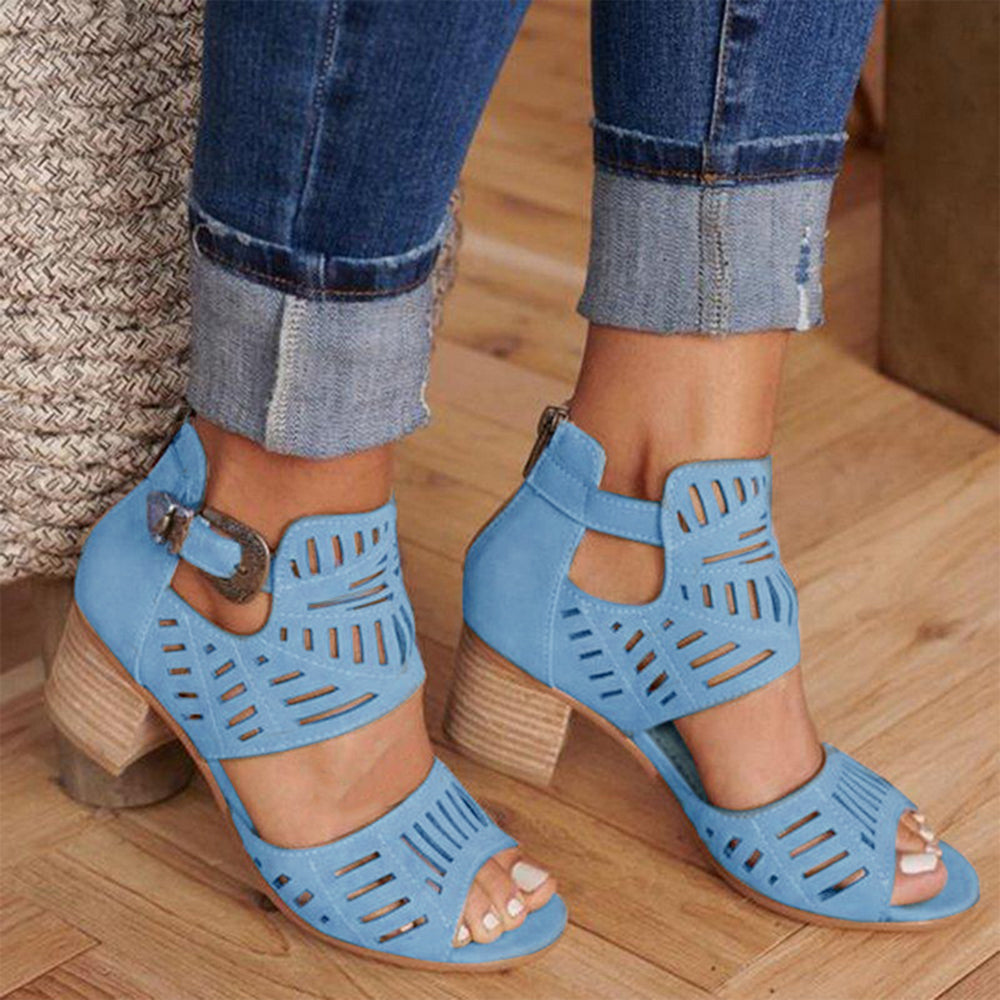 Women's Cut-Out Block Heel Sandals with Ankle Strap and Peep Toe