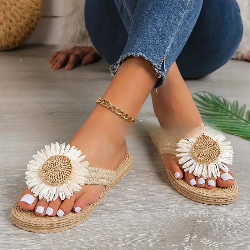 Women's Linen Flower Flat Sandals Casual Summer Slip On Shoes