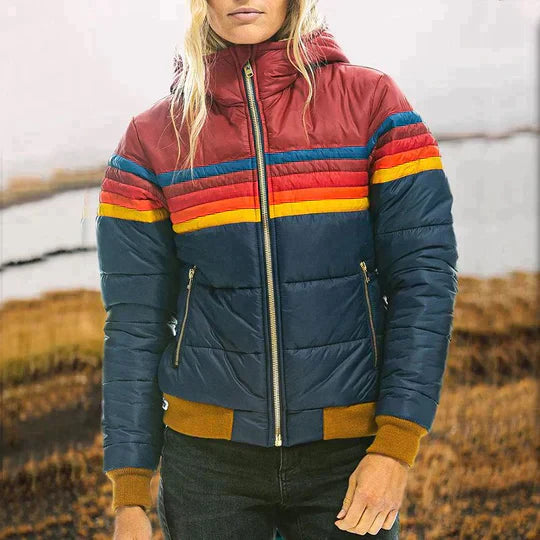 Women's Retro Color Block Puffer Jacket - Warm Winter Coat with Vintage Style