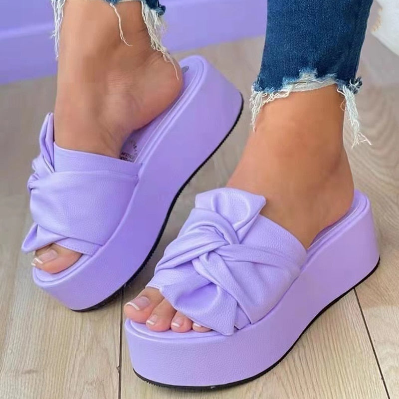 Women's Platform Slide Sandals with Bow Detail