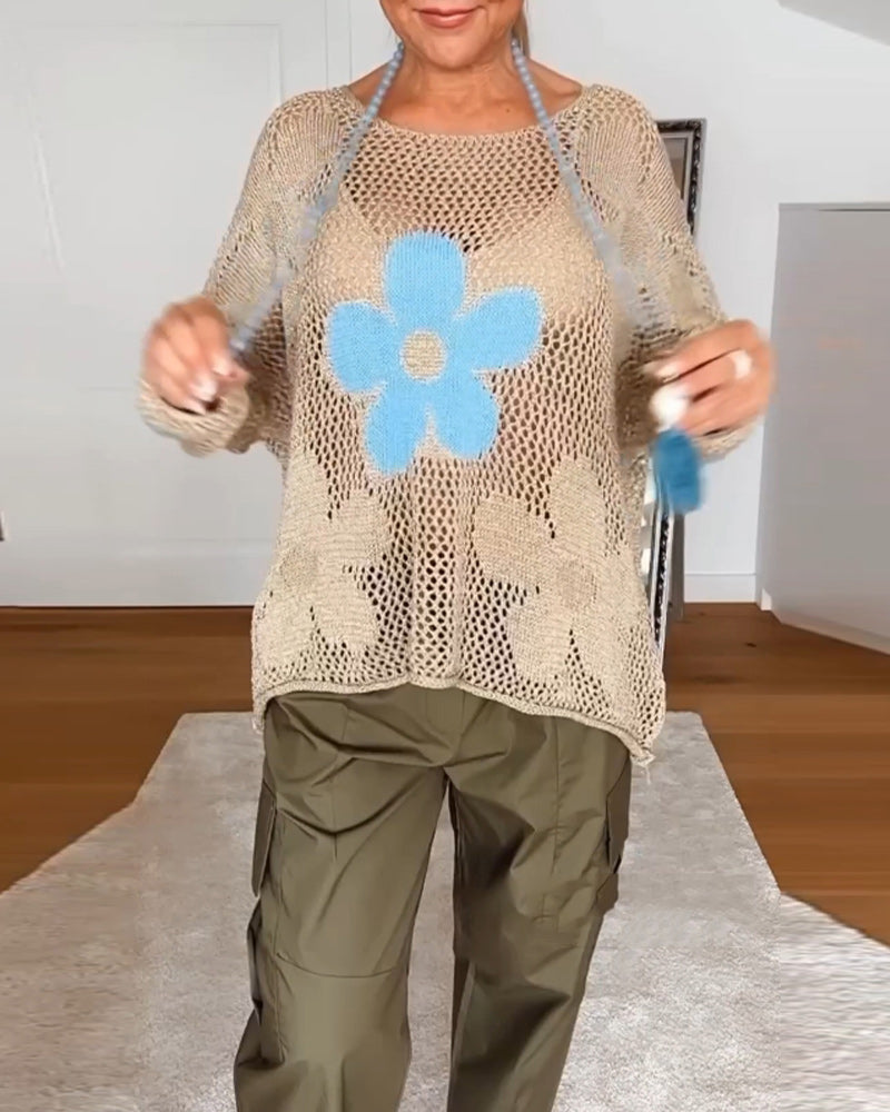 Hollow Pattern Sweater with Floral Motifs
