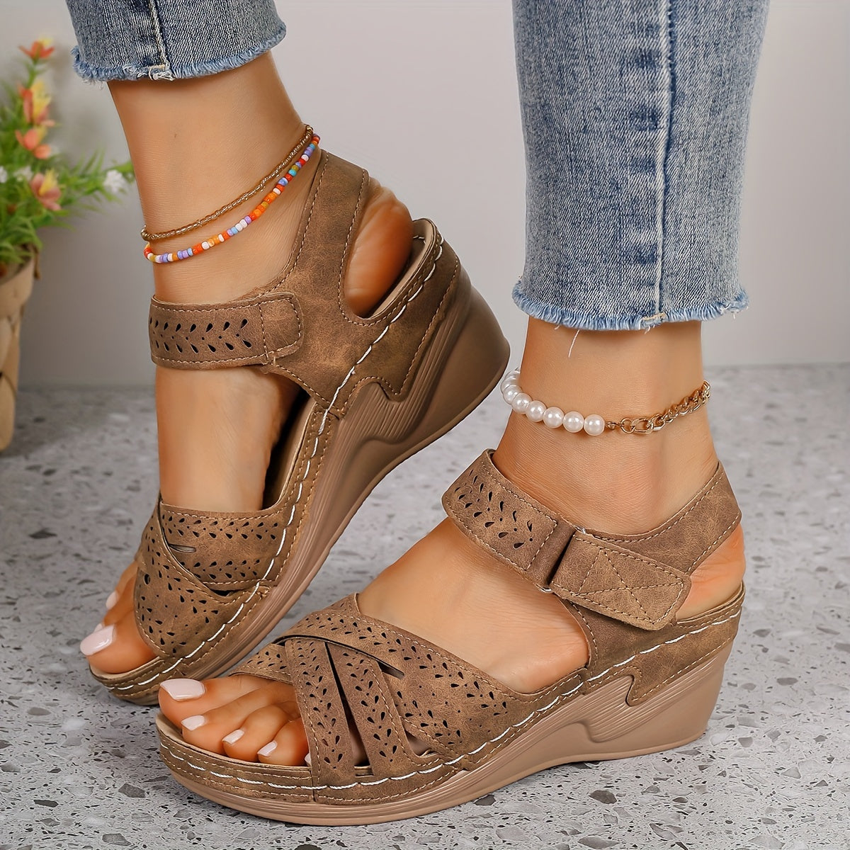 Women's Wedge Sandals with Adjustable Strap and Cutout Detailing
