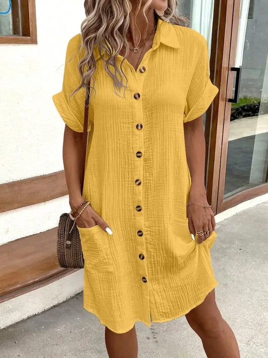 Women's Solid Color Shirt Dress Short Sleeve, Mid Length, Button Down Loose Fit