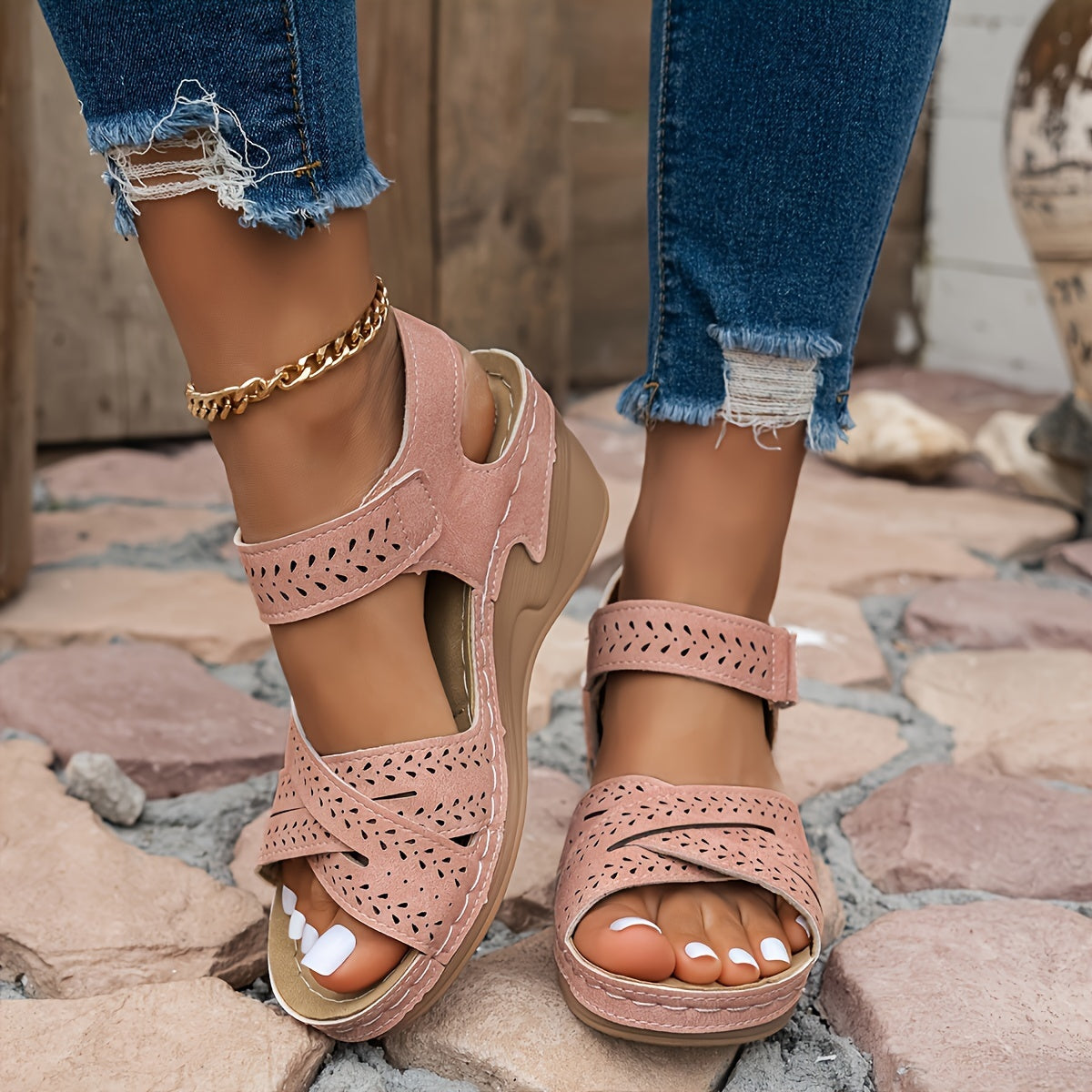 Women's Wedge Sandals with Adjustable Strap and Cutout Detailing