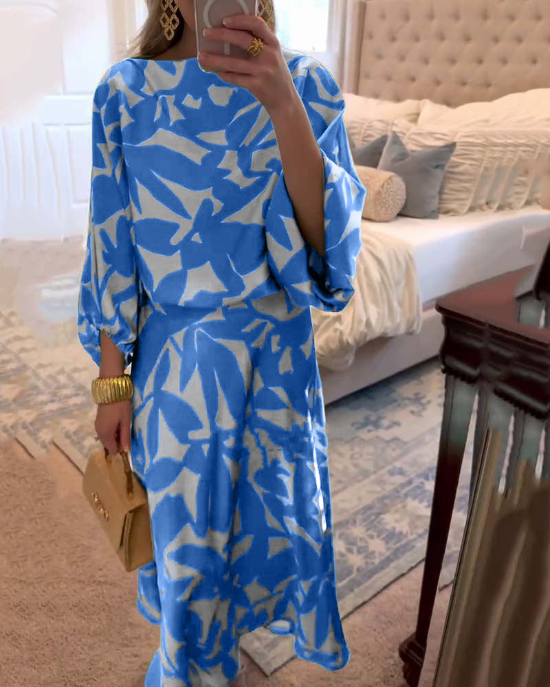 Set Dress Casual Printed Lantern Sleeves Temperament