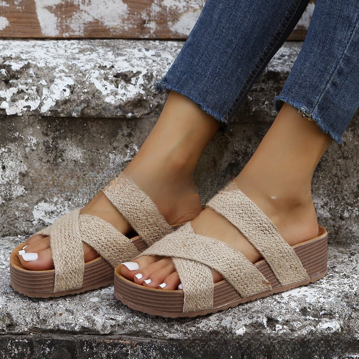 Women's Wedge Slide Sandals with Crossed Hemp-Style Braided Straps