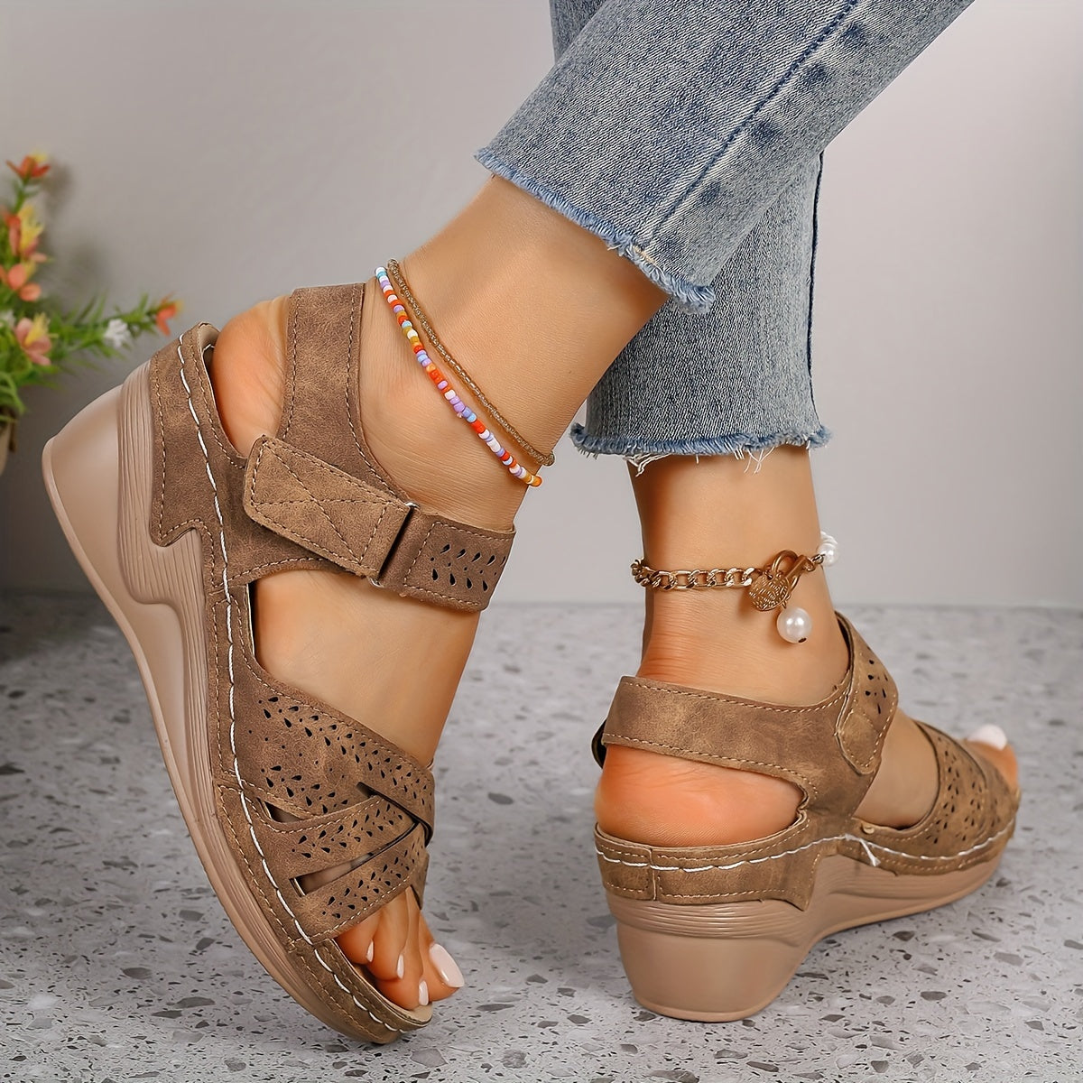 Women's Wedge Sandals with Adjustable Strap and Cutout Detailing