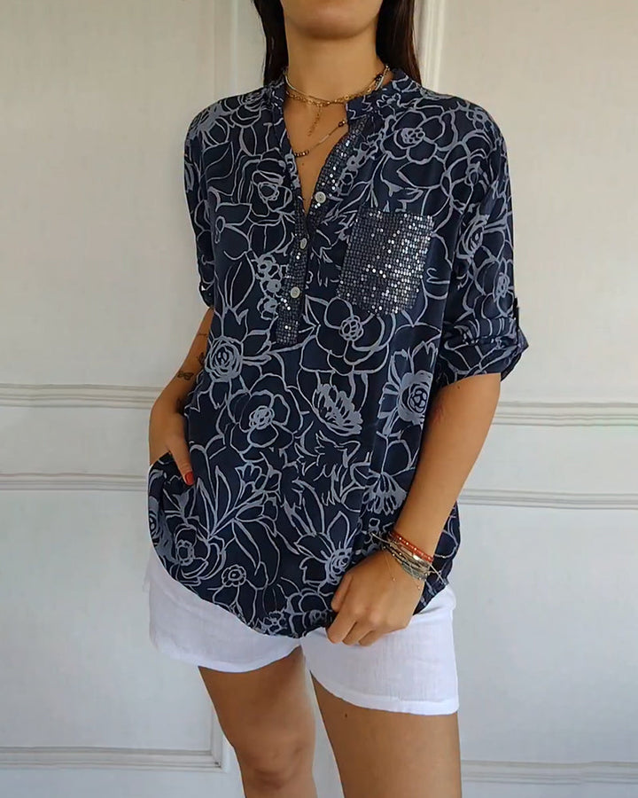 Kelya | Loose Floral Print Blouse with Glitter Details
