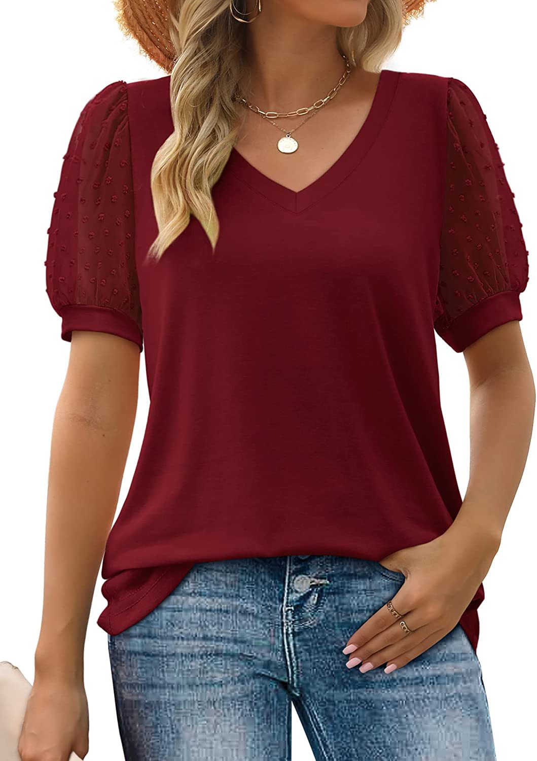 Elowen – Dotted Sheer Sleeve V-Neck