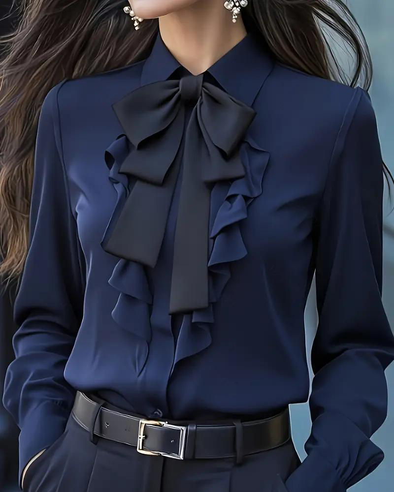 Long Sleeve Blouse with Knot and Ruffles