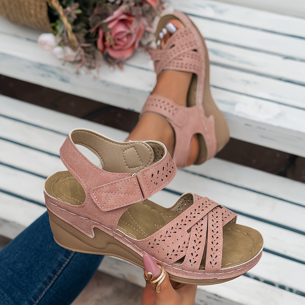 Women's Wedge Sandals with Adjustable Strap and Cutout Detailing
