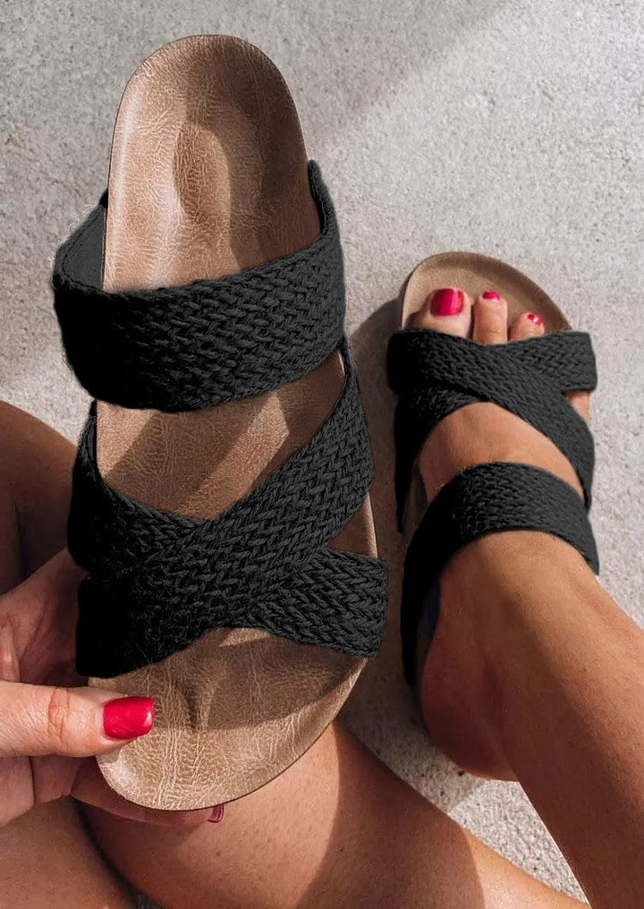 Women's Wedge Slide Sandals with Crossed Hemp-Style Braided Straps