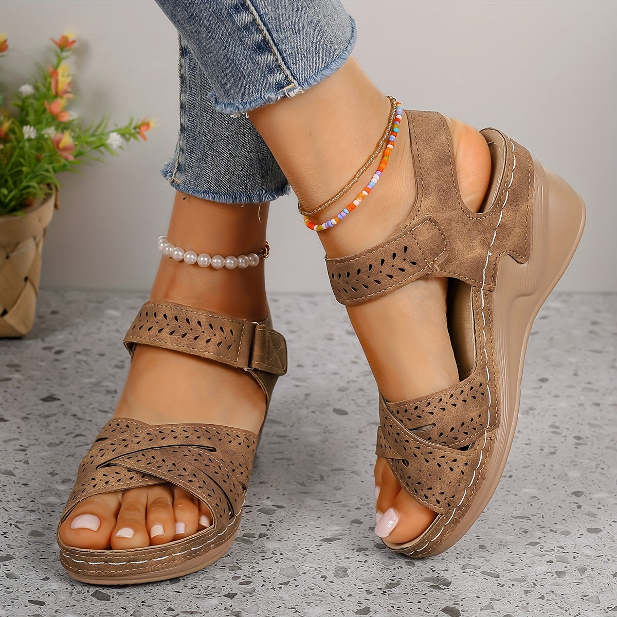 Women's Wedge Sandals with Adjustable Strap and Cutout Detailing