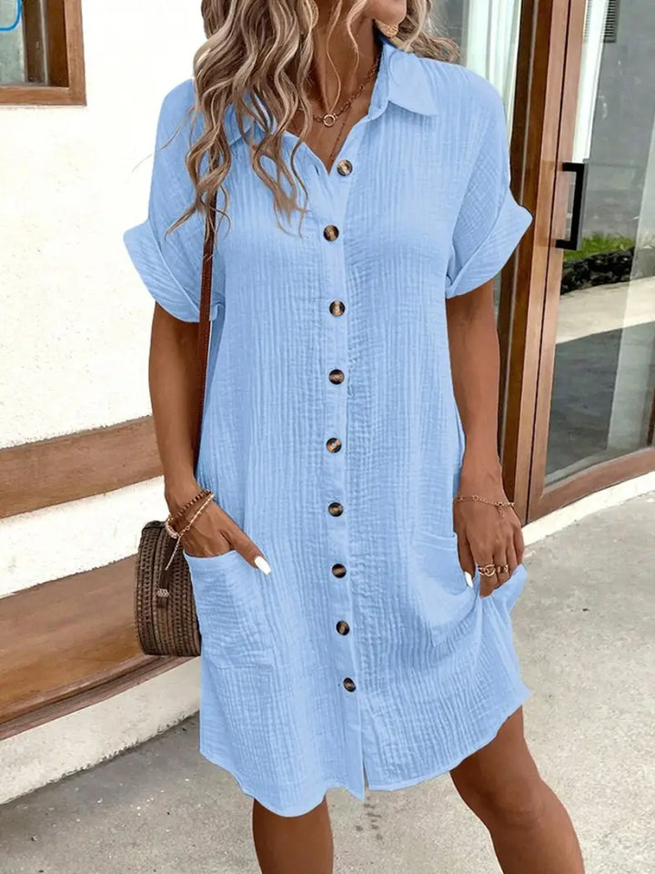 Women's Solid Color Shirt Dress Short Sleeve, Mid Length, Button Down Loose Fit