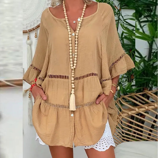 Women's V Neck Cotton Short Sleeve Top Casual Loose Fit Blouse