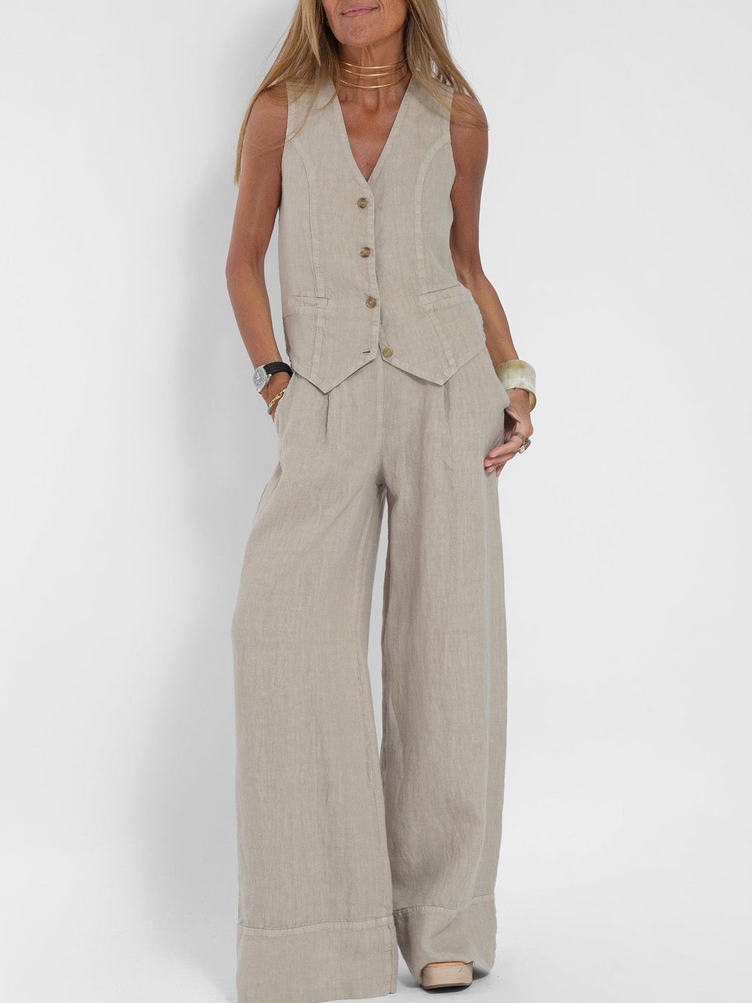 Jessica - Buttoned Vest & Wide-Leg Trousers Set