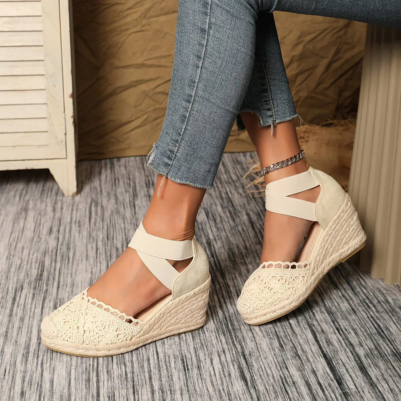 Women's Wedge Espadrille Sandals with Crochet Detail and Straps