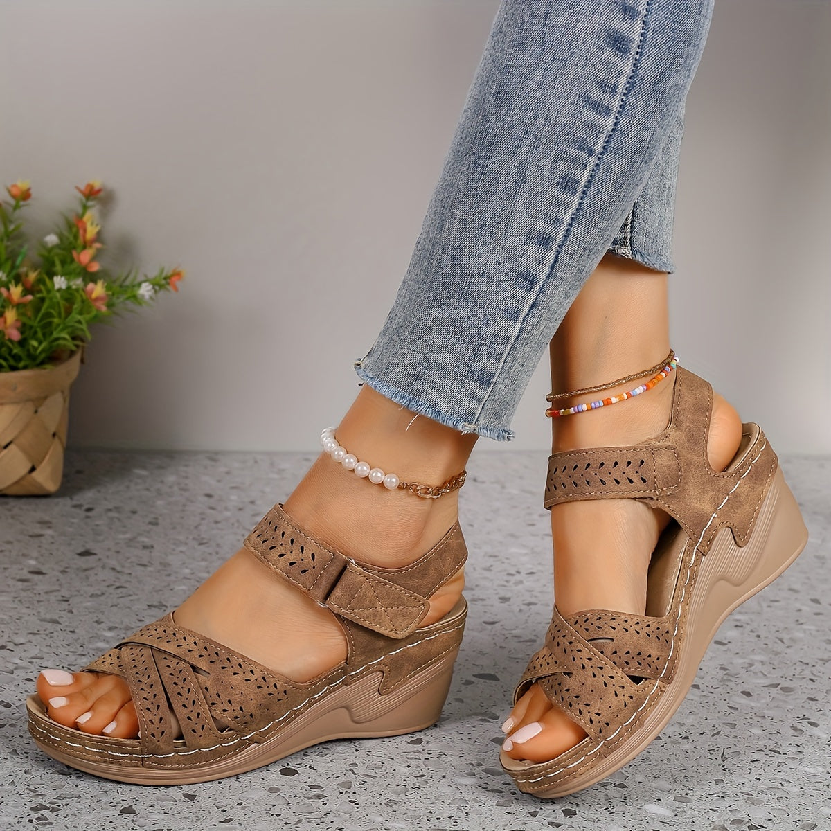 Women's Wedge Sandals with Adjustable Strap and Cutout Detailing