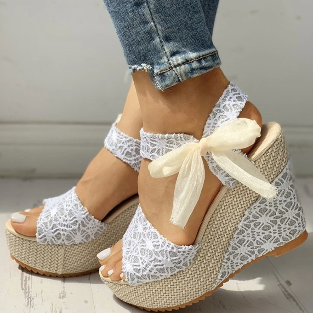 Women's Wedge Sandals with Lace Details and Ankle Bow Strap