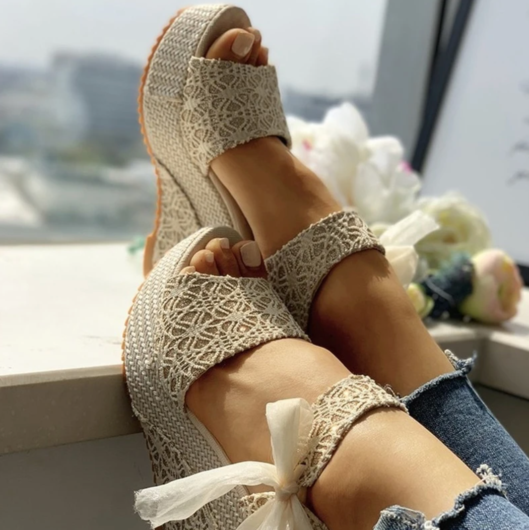 Women's Wedge Sandals with Lace Details and Ankle Bow Strap