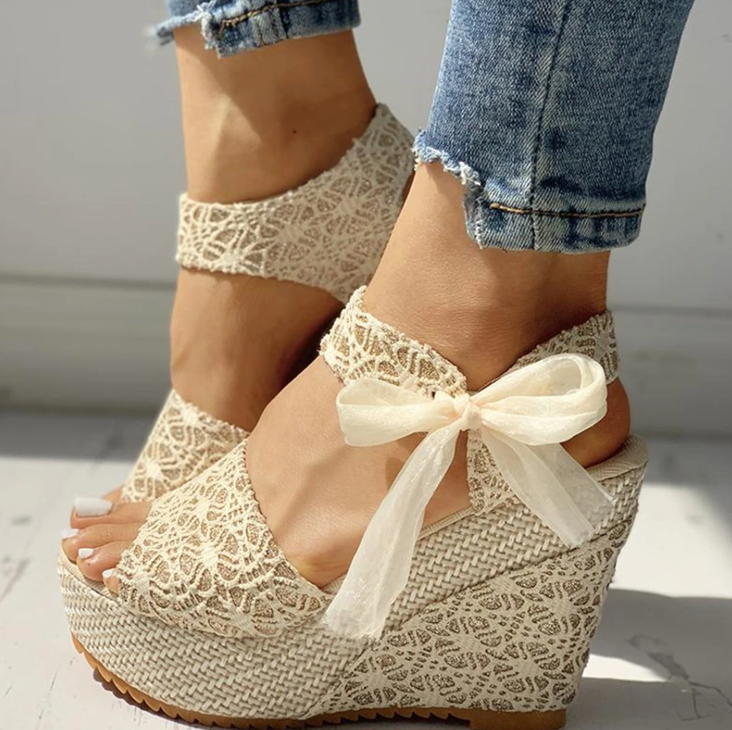 Women's Wedge Sandals with Lace Details and Ankle Bow Strap