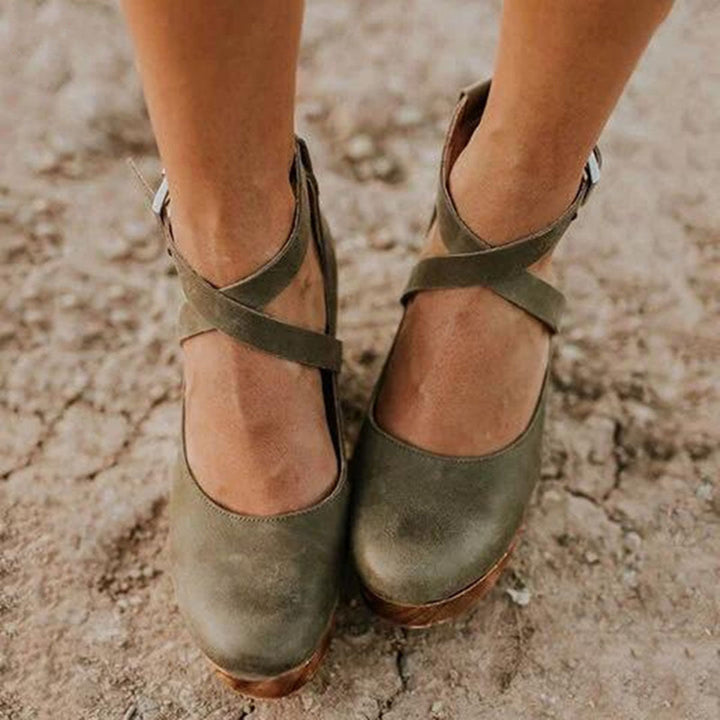 Women's Wedge Heel Shoes with Ankle Strap and Platform Sole