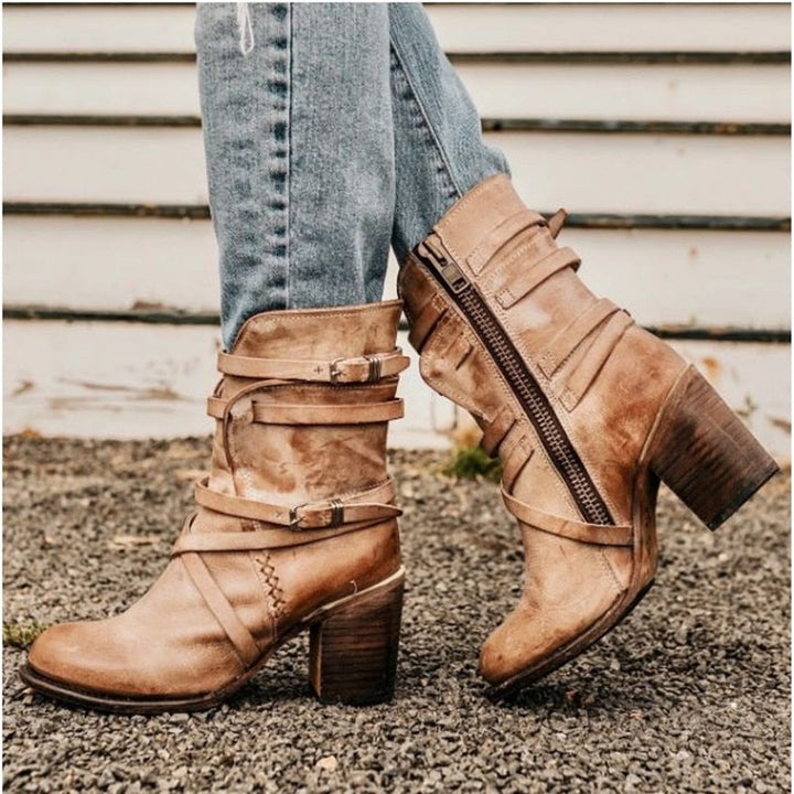 Women's Leather Ankle Boots - Slouchy Distressed Design - Buckle Straps - Block Heel