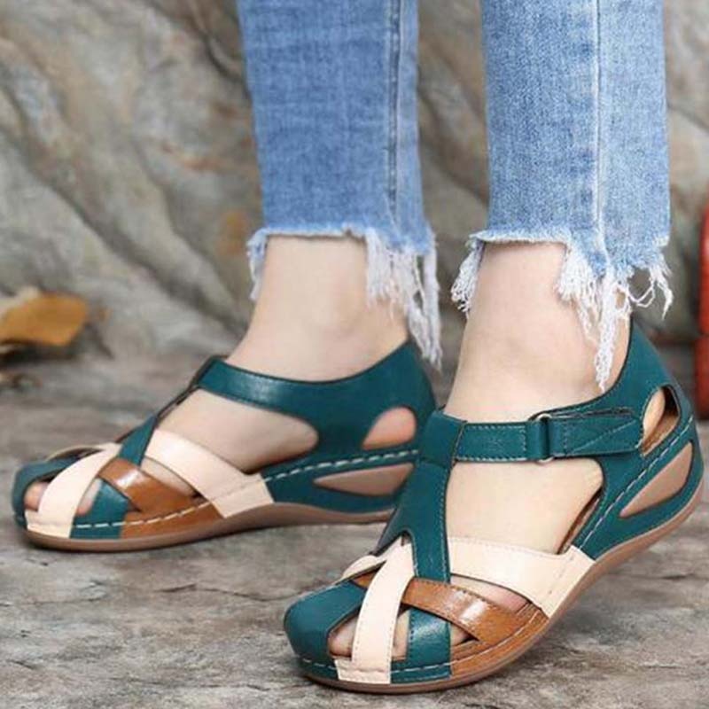 Women's Closed-Toe Strappy Wedge Sandals with Cutout Side Design