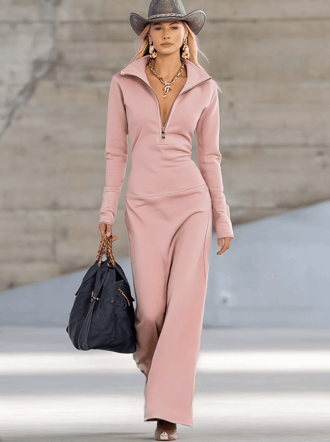 Elegant Retro Sporty V-neck Front Zipper Long-sleeved Pink Maxi Dress