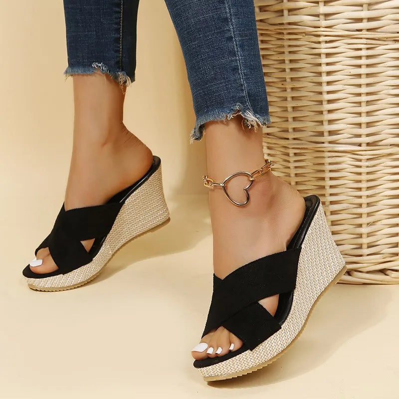 Women's Cross-Strap Wedge Sandals with Elegant Detailing