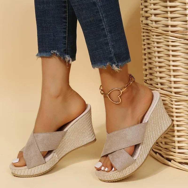 Women's Cross-Strap Wedge Sandals with Elegant Detailing