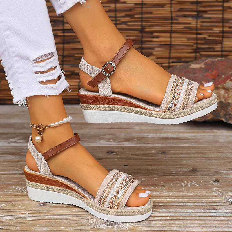 Women's Embroidered Platform Sandals with Ankle Strap and Open Toe